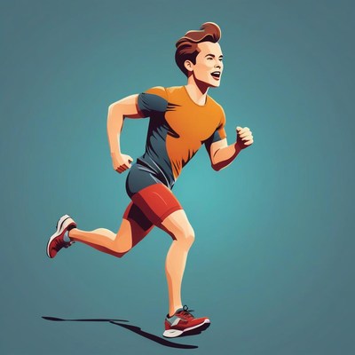 Young boy running energetically on blue background