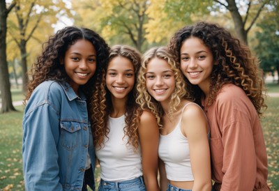 Group of four friends enjoying autumn in the park