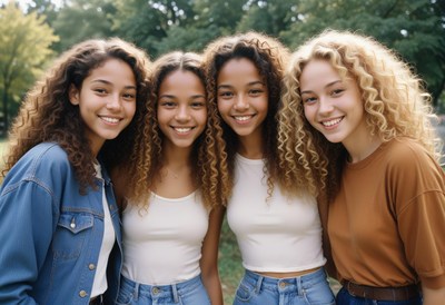 Four friends smiling together in a park on a sunny day
