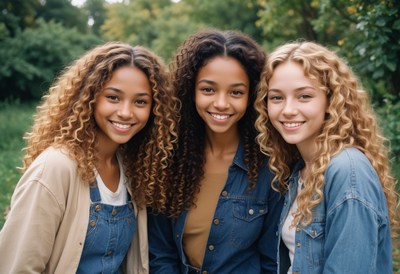Three friends smiling outdoors in a green park