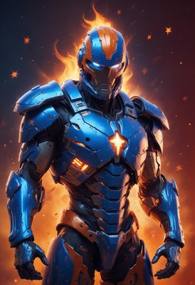 Futuristic armored warrior in fiery background