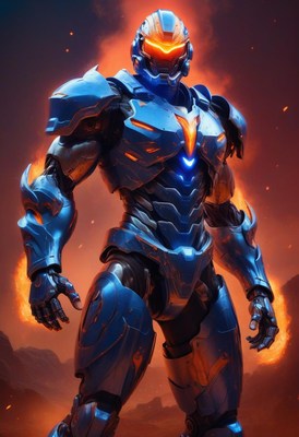 Futuristic warrior in blue armor with fiery background