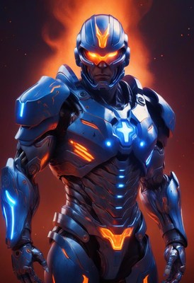Futuristic blue robot warrior in fiery backdrop