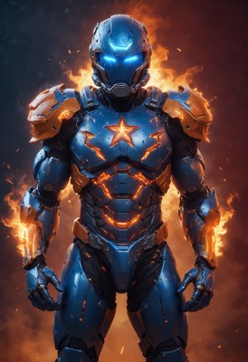 Fiery armored hero in action pose at dusk