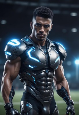 Futuristic warrior in armor on neon-lit field