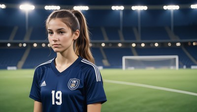 Young athlete in soccer uniform at stadium before match