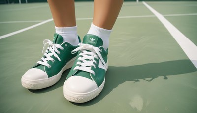Green sneakers on tennis court during daylight play