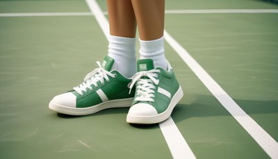 Green sneakers on tennis court during a sunny day