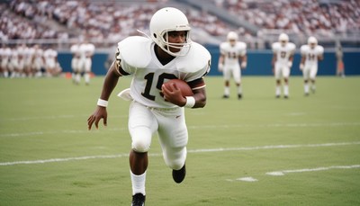 Football player running with ball on field during game