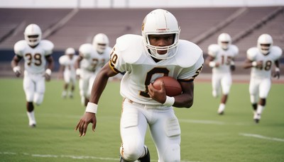 Football player running with ball on field during day