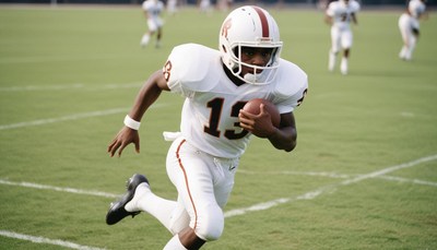Young athlete running with football on practice field