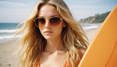 Young woman surfing at beach during sunny day