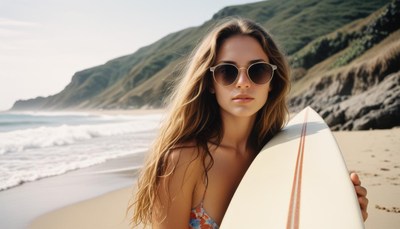 Young woman surfing at beach during golden hour