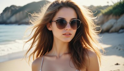 Young woman in sunglasses on a beach at sunset