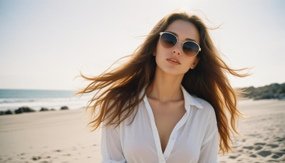 Woman with sunglasses on sandy beach at sunrise