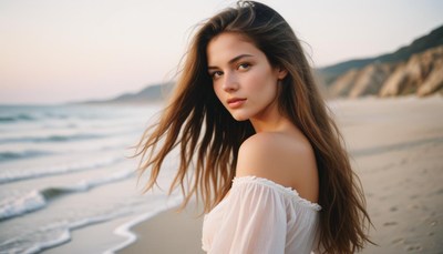 Young woman strolling along ocean beach at sunset