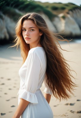Young woman on beach with long hair at sunset
