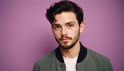 Young man posing against purple wall in casual attire