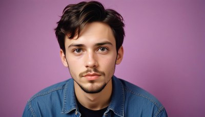 Young man with dark hair against purple background