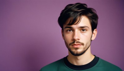 Young man with dark hair against purple background