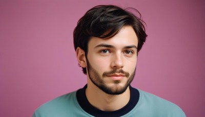 Young man with dark hair against pink background