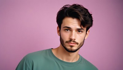 Young man posing against purple background in studio