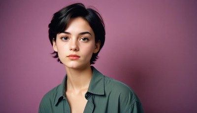 Young woman posing against purple background