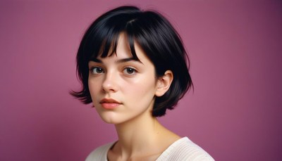 Young woman with short hair against pink background