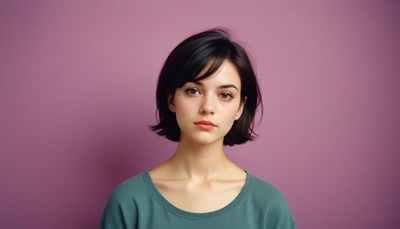Portrait of young woman against purple background