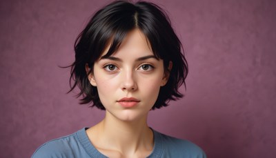 Young woman with short hair posing against purple background