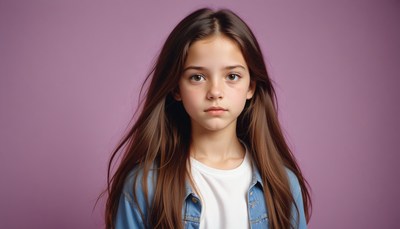 Young girl posing with long hair against purple background