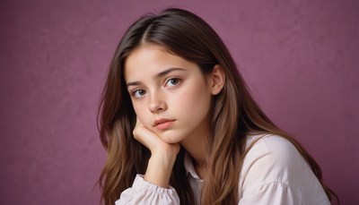 Young girl posing thoughtfully against purple background