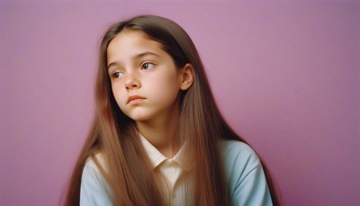 Thoughtful girl with long hair against purple wall
