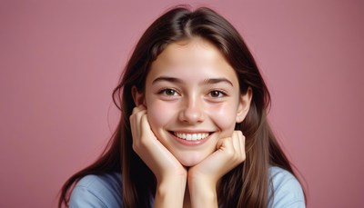 Happy young girl smiling against pink background