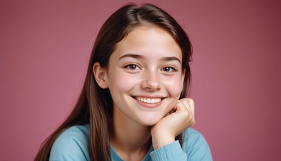 Young girl smiling against pink background