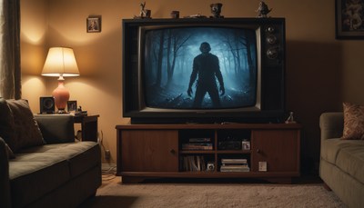 Classic horror scene on vintage television in living room