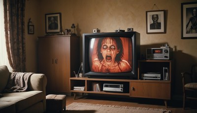 Spooky living room with vintage horror tv