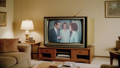 Classic living room with vintage television displaying drama