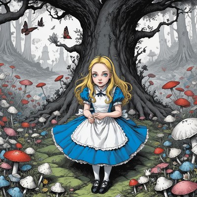 Alice in wonderland in a enchanted forest clearing