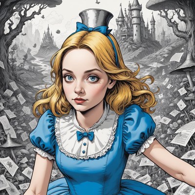 Alice in blue dress exploring a whimsical landscape