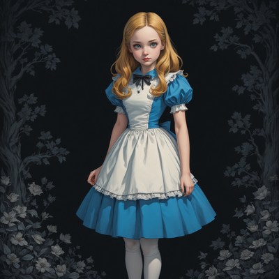 Young girl in blue dress standing among flowers