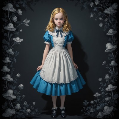 Vintage alice in wonderland doll in dark floral setting