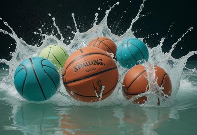 Basketballs splashing in water during a fun activity