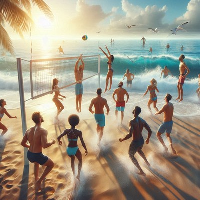 Beach volleyball game at sunset with friends