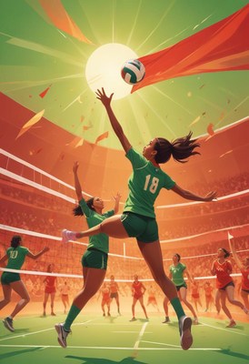 Dynamic volleyball match in a vibrant arena at sunset