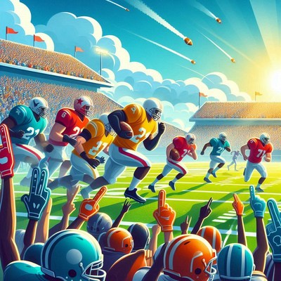 Exciting football game with fans in stadium at sunset