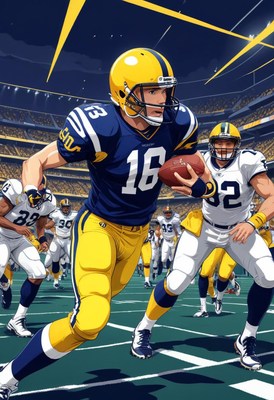 College football player avoids tackle in stadium game