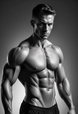 Muscular man posing strongly in black and white lighting