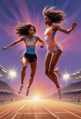 Athletes competing in jump at sunset track event