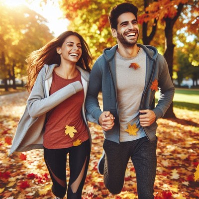 Joyful couple running together in autumn park